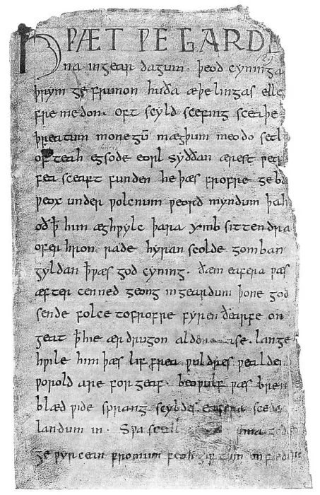 Framed Print : Historical print, manuscript, cover page from Beowulf Framed Print : Historical print, manuscript, cover page from Beowulf
