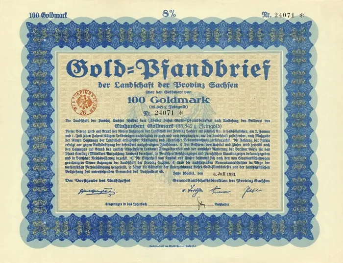Framed Print : Historical share certificate, 100 gold marks Goldpfandbrief bond certificate
