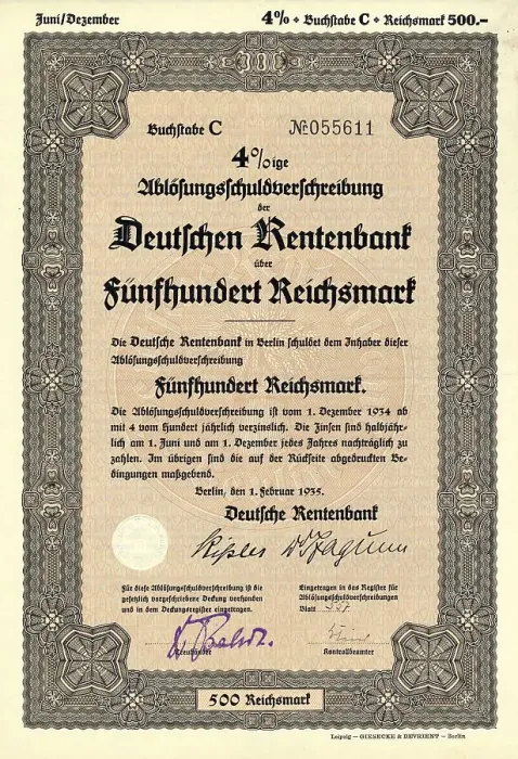 Framed Print : Historical share certificate, 4% obligation of Deutsche Rentenbank