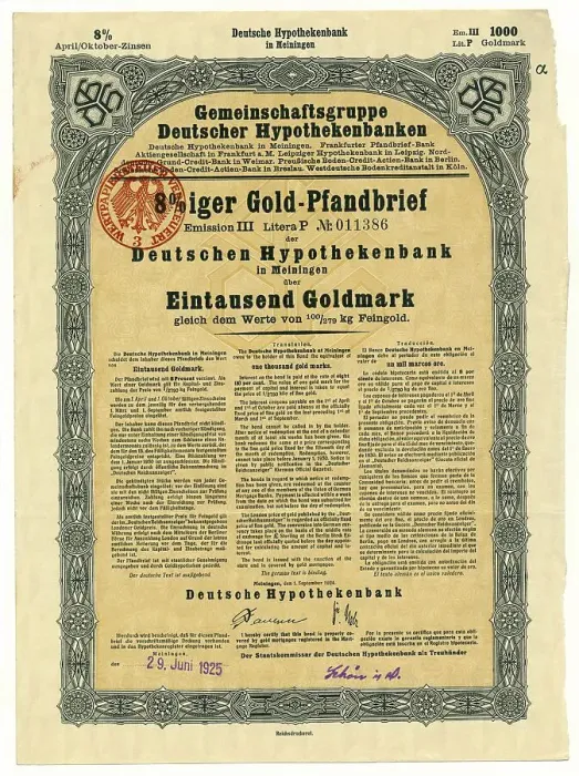 Framed Print : Historical share certificate, 8% Goldpfandbrief bond certificate of Deutsche Hypothekenbank