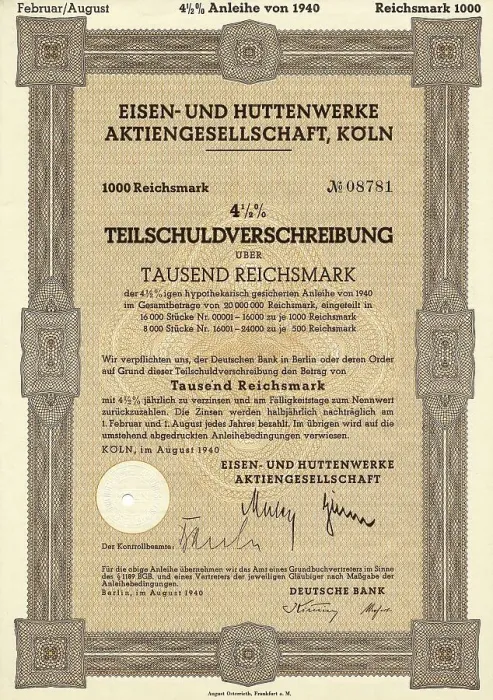 Framed Print : Historical share certificate, Eisen- und Huettenwerke Aktiengesellschaft