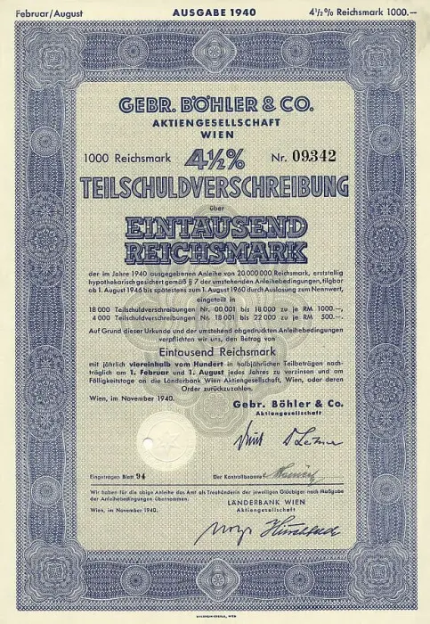Framed Print : Historical share certificate, Gebr Boehler & Co AG
