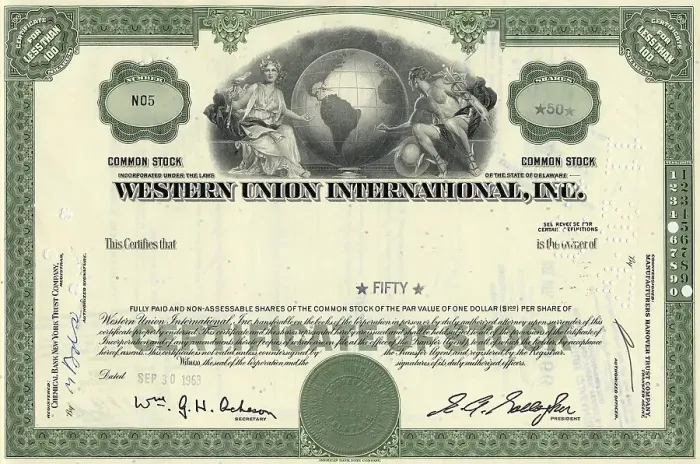 Framed Print : Historical share certificate, Western Union International Inc Framed Print : Historical share certificate, Western Union International Inc