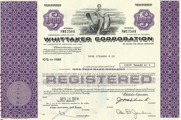Framed Print : Historical share certificate, Whittaker Corporation