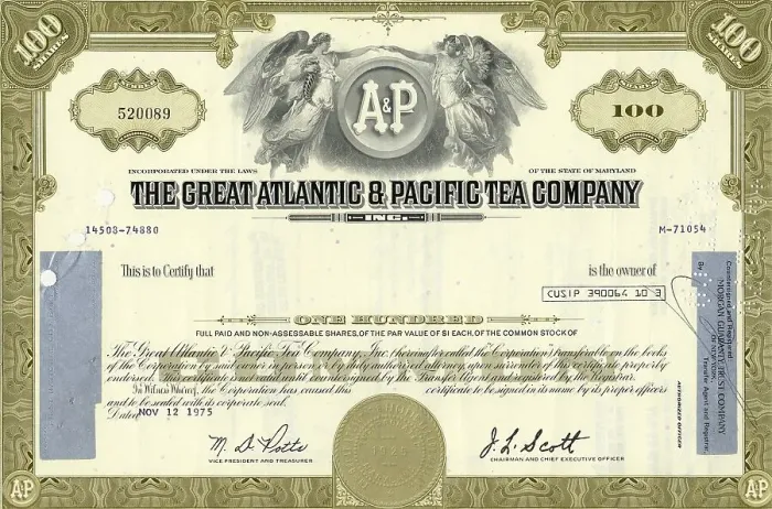 Framed Print : Historical share of The Great Atlantic & Pacific Tea Company Framed Print : Historical share of The Great Atlantic & Pacific Tea Company