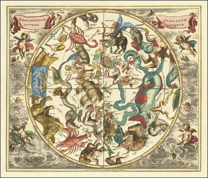 Framed Print : Historical sky map titled Haemisphaerium Stellatum Australe Antiquum