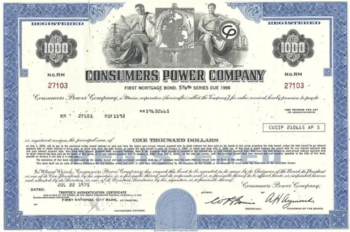 Framed Print : Historical stock certificate, Consumers Power Company