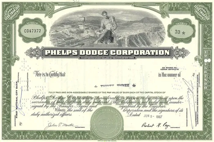 Framed Print : Historical stock certificate, Phelps Dodge Copper Mining Company