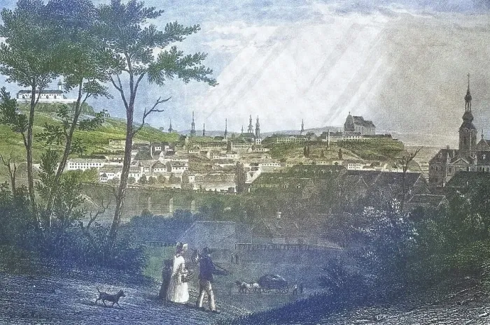 Framed Print : Historical view, 19th century, of the city of Brno