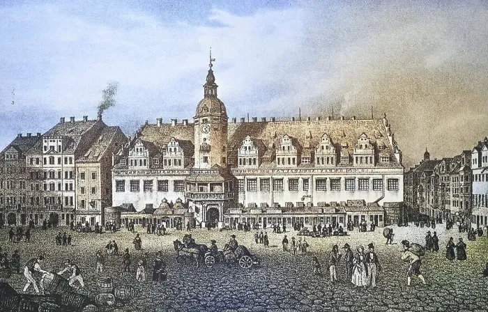 Framed Print : Historical view, 19th century, of the city of Leipzig with town hall Framed Print : Historical view, 19th century, of the city of Leipzig with town hall