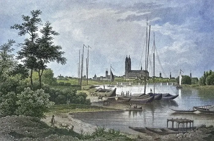 Framed Print : Historical view, 19th century, of the city of Magdeburg