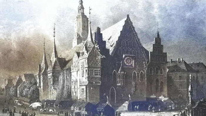 Framed Print : Historical view, 19th century, of the city and town hall of WrocNaw