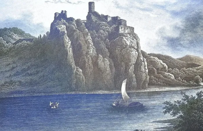 Framed Print : Historical view, 19th century, of Schreckenstein Castle Framed Print : Historical view, 19th century, of Schreckenstein Castle