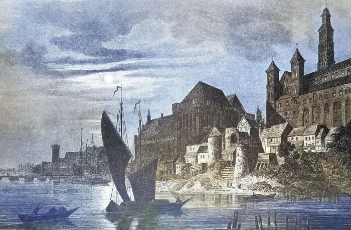 Framed Print : Historical view, 19th century, of the town of Marienburg Framed Print : Historical view, 19th century, of the town of Marienburg