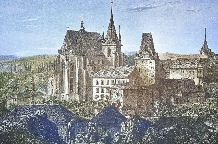 Framed Print : Historical view, 19th century, of the town of Schlan Framed Print : Historical view, 19th century, of the town of Schlan