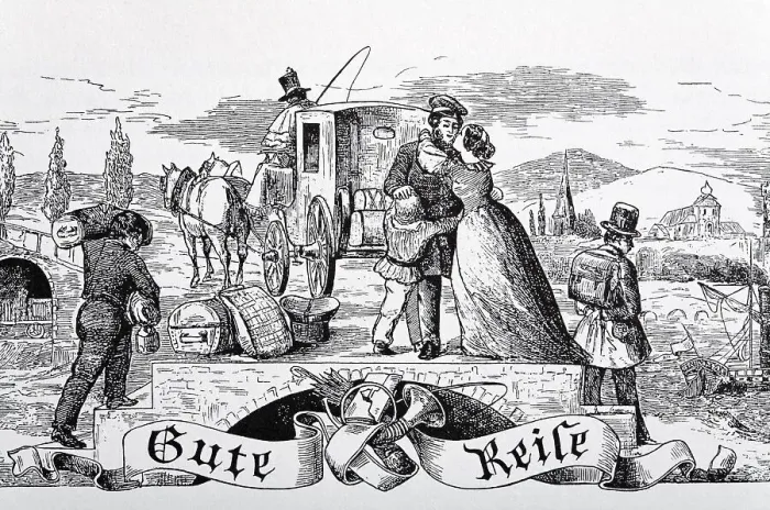 Framed Print : Historical vignette with a family taking leave and a coach
