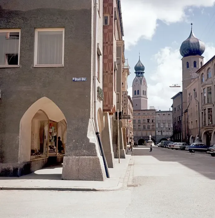Framed Print : Hl. Geist-Strasse with tower of the parish church St Framed Print : Hl. Geist-Strasse with tower of the parish church St