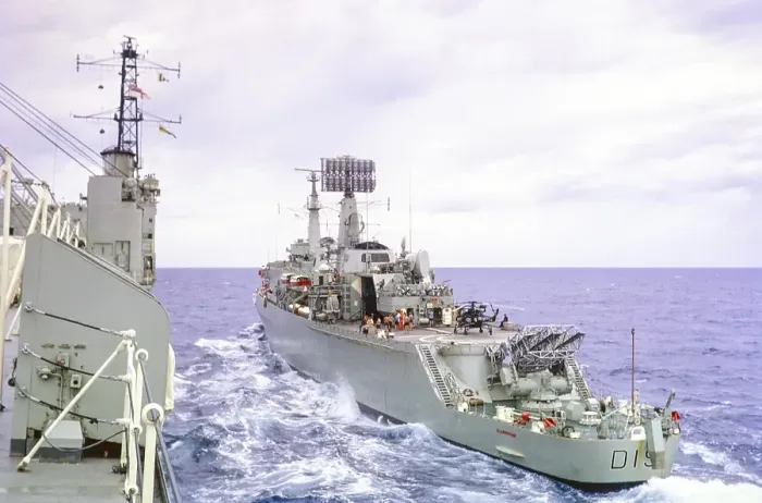 Framed Print : HMS Glamorgan, County-class destroyer naval ship, Atlantic Ocean, Royal Navy, slide dated February 1972 alongside HMS Triumph to port Framed Print : HMS Glamorgan, County-class destroyer naval ship, Atlantic Ocean, Royal Navy, slide dated February 1972 alongside HMS Triumph to port