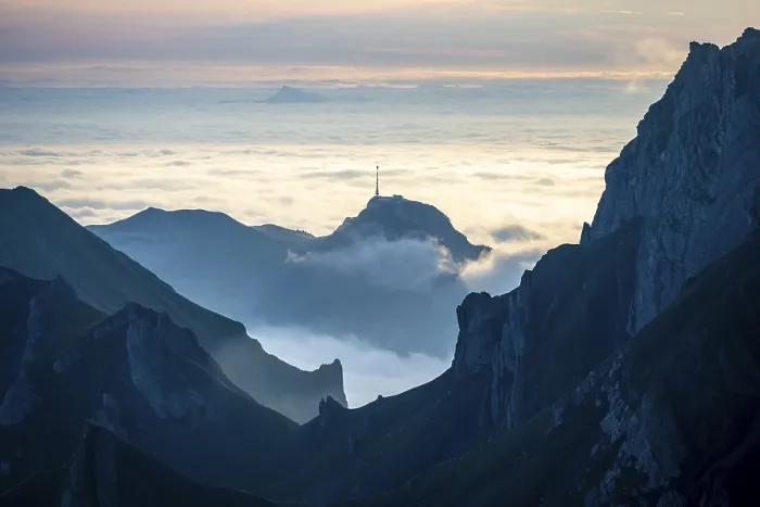 Framed Print : Hoher Kasten and mountains at sunrise