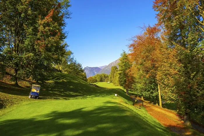 Framed Print : Hole 5 Golf Course Menaggio with Mountain View in Autumn in Lombardy