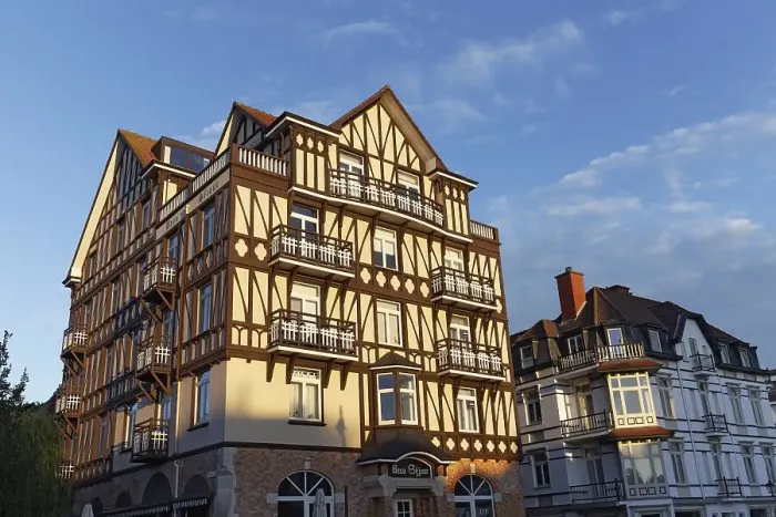 Framed Print : Holiday residence Beau Sejour, half-timbered building in Anglo-Norman style