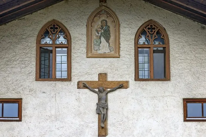 Framed Print : Holy figures and neo-Gothic window frames on a farmhouse