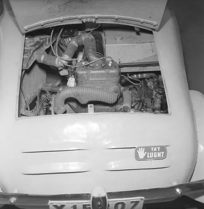 Framed Print : A home-built car in 1952. Rune Wistroem from Stugsund built his self-made small car with registration number X15207. The initial letter X indicates that the car is registered in Gaevleborg County