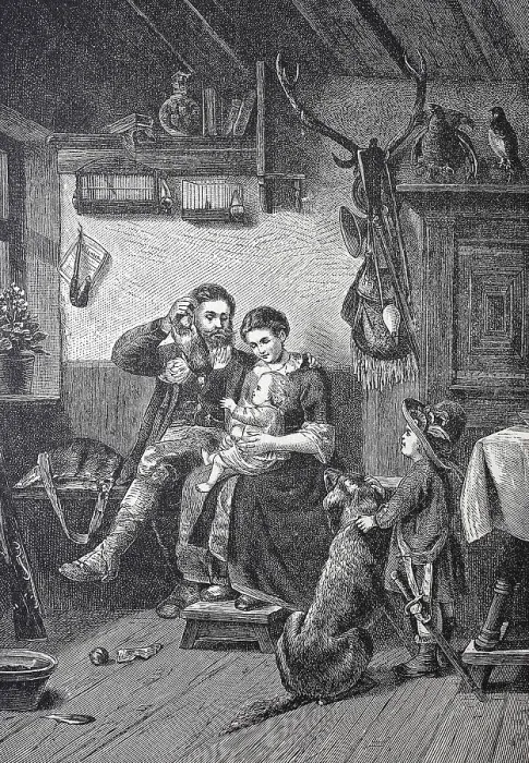 Framed Print : Homecoming of the hunter after the hunt to his family