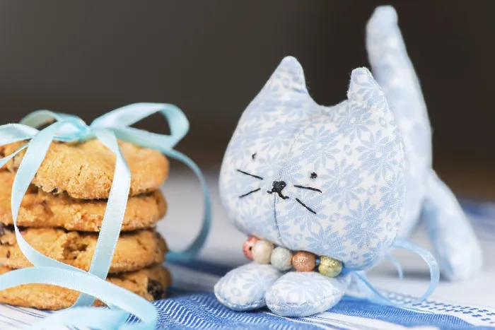 Framed Print : Homemade puppet, a cat and cookie on tablecloth