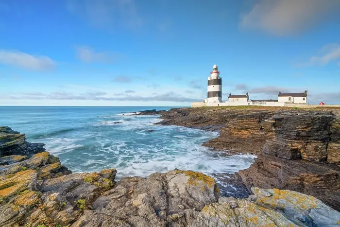 Framed Print : Hook Head lighthouse, blue sky and spray, Wexford, Ireland, Europe