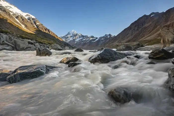 Framed Print : Hooker River in Hooker Valley with view of snow-capped Mount Cook