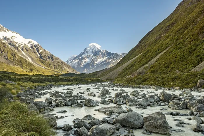 Framed Print : Hooker River in Hooker Valley with view of snow-capped Mount Cook Framed Print : Hooker River in Hooker Valley with view of snow-capped Mount Cook