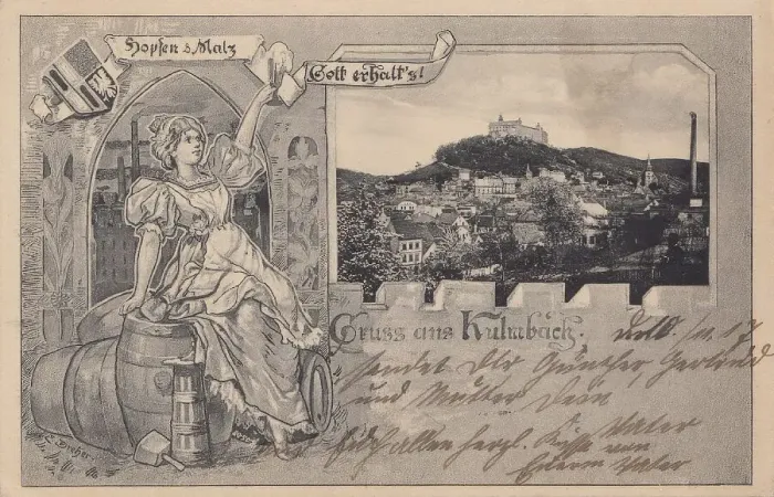 Framed Print : Hopfen und Malz, Old picture postcard from the beer town Kulmbach