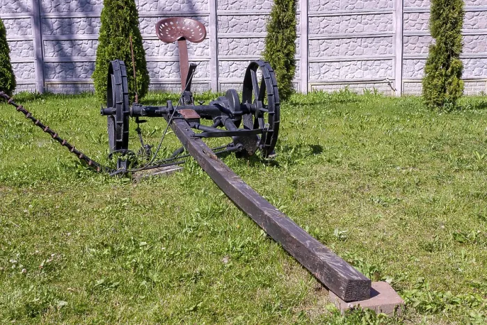 Framed Print : Horse-drawn mower on green grass