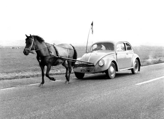 Framed Print : Horse pulls a VW Beetle, a PS, Mexico City