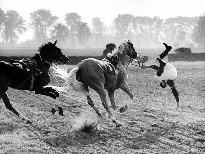 Framed Print : Horse-rider falls from the horse about 1970s Framed Print : Horse-rider falls from the horse about 1970s