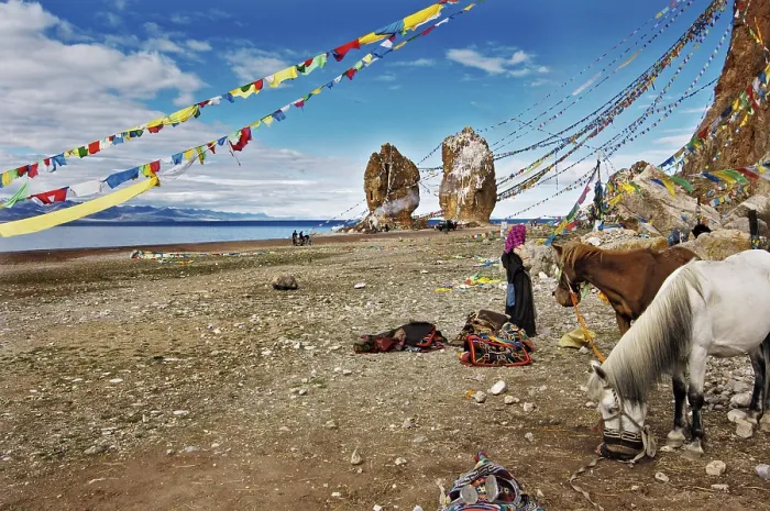 Framed Print : Horses at the Stone Couple and prayer flags Framed Print : Horses at the Stone Couple and prayer flags
