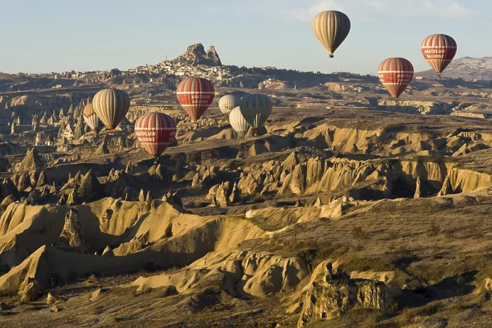 Framed Print : Hot air balloons in front of the Castle of Uchisar
