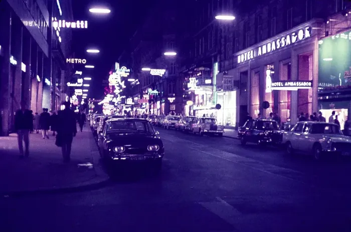 Framed Print : Hotel Ambassador and shops on Kartnerstrasse, Vienna, Austria at night early 1960s
