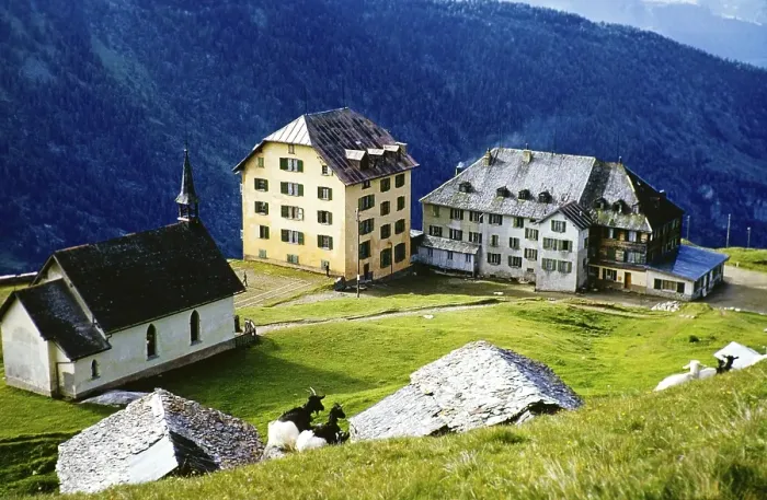 Framed Print : Hotel Belalp building and church, Belalp, Bernese Alps, Switzerland, Europe around 1960, Europe Framed Print : Hotel Belalp building and church, Belalp, Bernese Alps, Switzerland, Europe around 1960, Europe