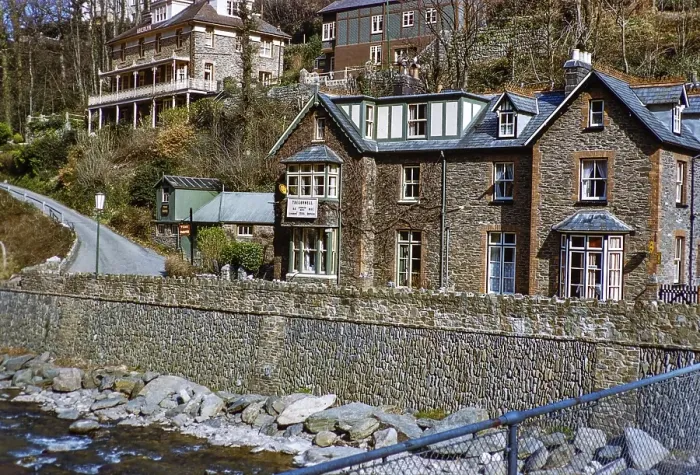 Framed Print : Hotel guest houses Aberlyn and Tregonwell on the River Lynn, Lynmouth, North Devon, England, United Kingdom 1950s Tregonwell is now Glenville House