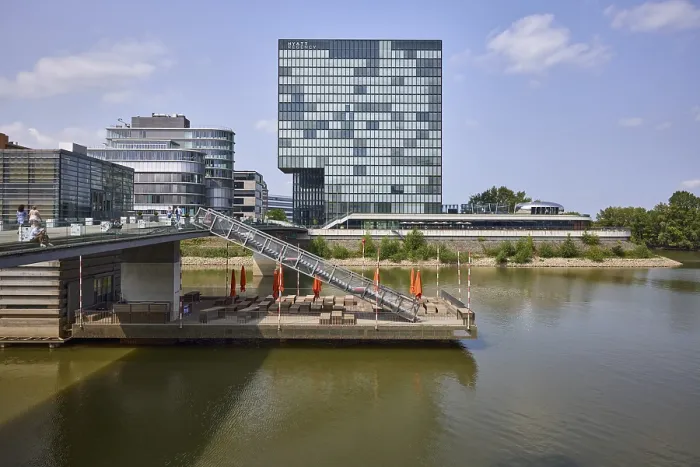 Framed Print : Hotel Hyatt Regency in the Hafenspitze Duesseldorf consisting of two high-rise buildings in the Medienhafen Duesseldorf