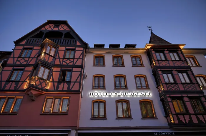 Framed Print : Hotel La Diligence, half-timbered houses