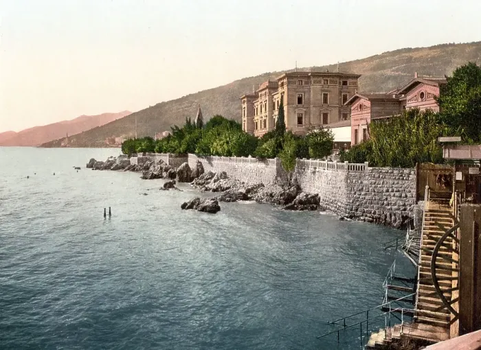 Framed Print : Hotel Quarnero and the baths of Abbazia, now Opatija, Istria, Austro-Hungary, Austro-Hungarian Monarchy, today Croatia, Historical, around 1900, digitally restored reproduction from a 19th century original, Hotel Quarnero and the baths of Abbazia