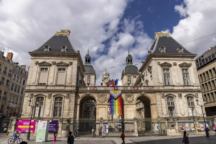 Framed Print : Hotel de Ville, city hall with rainbow flag