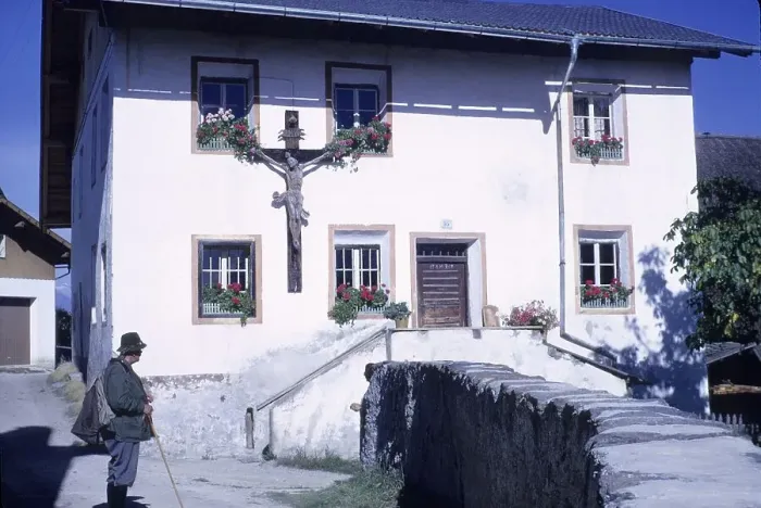 Framed Print : House with crucifix, in Layen, Dolomites