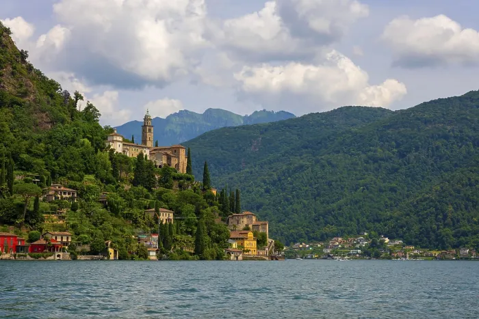 Framed Print : House and Mountain Range in a Sunny Summer Day on the Waterfront to Lake Lugano in Morcote