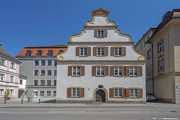 Framed Print : House with volute gable and fountain at the tax office on SalzstraBe Framed Print : House with volute gable and fountain at the tax office on SalzstraBe