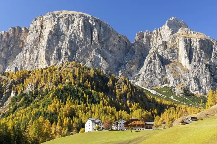 Framed Print : Houses in front of Dolomites in autumn Framed Print : Houses in front of Dolomites in autumn