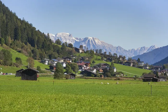 Framed Print : Houses and meadow with a view of the Karwendel North Range Framed Print : Houses and meadow with a view of the Karwendel North Range